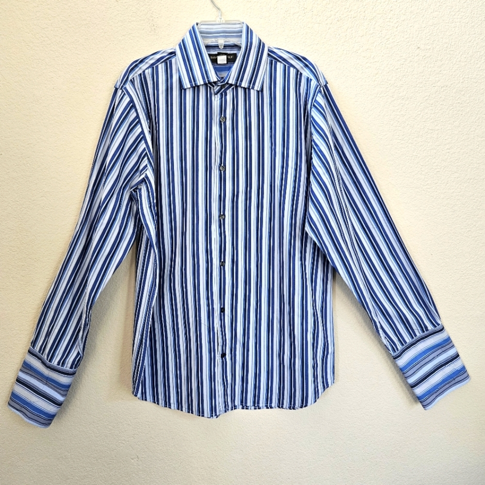 Banana Republic Men's Sz L Dusty Blue White Navy Stripe Button Up Shirt Long EUC